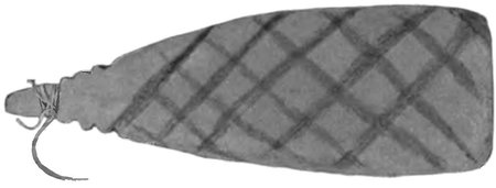 Howitt's 1904 figure of a Kurnai (Gunai) bull-roarer, lattice-hatched from edge to edge with a frayed cord at the grip; the Kaiabara pundunda...