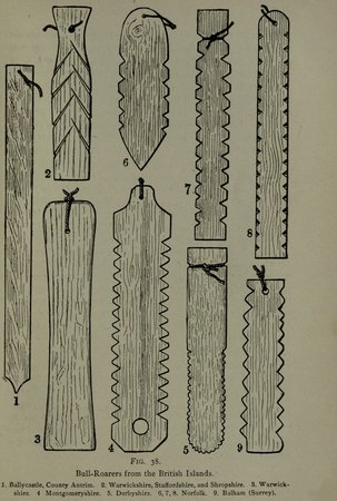 Fig. 38 of Haddon's plate of British bull-roarers; no. 4, bottom centre, with a zigzag serrated edge and a round hole near its base, is the...