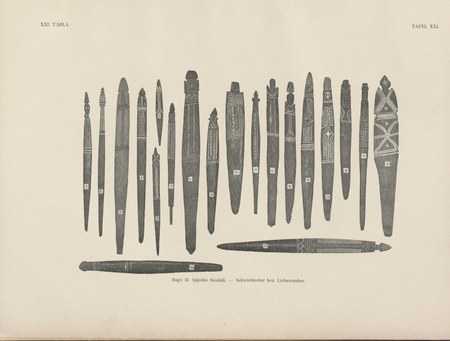 Twenty carved Astrolabe Bay Schwirrbretter and love-charm slats collected by Lajos Bíró and engraved for his 1901 catalogue of the Hungarian...