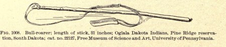 Bull-roarer (tateka yuhmunpi), Oglala Dakota, Pine Ridge, South Dakota — Culin 1907, Fig. 1008 (Free Museum of Science & Art, cat. 22127).