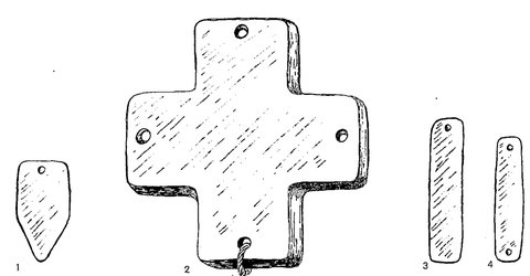 Line drawing of four pierced Dwo rhombes numbered 1 to 4: a short pointed blade, a large cross, and two narrow slats.