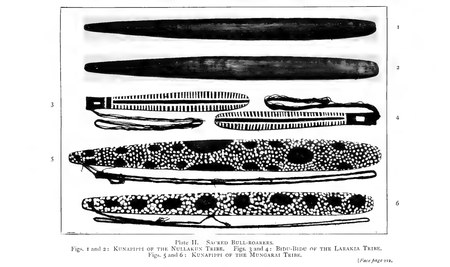 Spencer's plate of six Northern Territory sacred bull-roarers, shown here to illustrate the general form; the Kimberley instrument collected by...