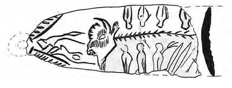 Line drawing of an engraved bone blade: a bison's head at left, its backbone drawn as a long barbed line running the length of the blade, with small human figures ranged above and below the spine and a suspension ring at the left end.