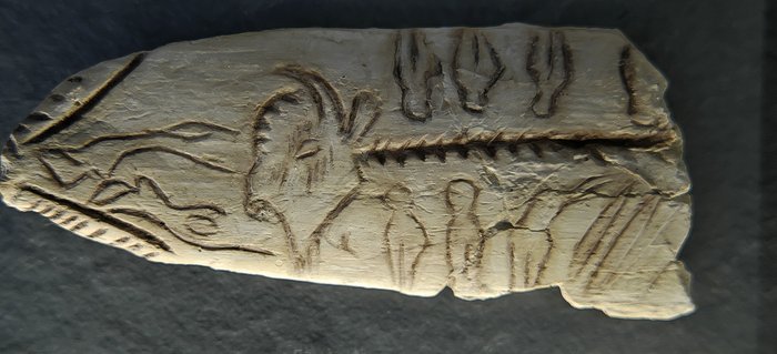 Photograph of a cast of the Raymonden bone: an engraved blade showing a bison's head and barbed spine with small human figures on either side.