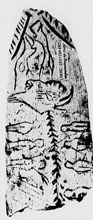 Halftone photograph from an 1891 plate showing the engraved Raymonden bone with a museum label reading Abris de Raymonden, Chancelade (Dordogne).