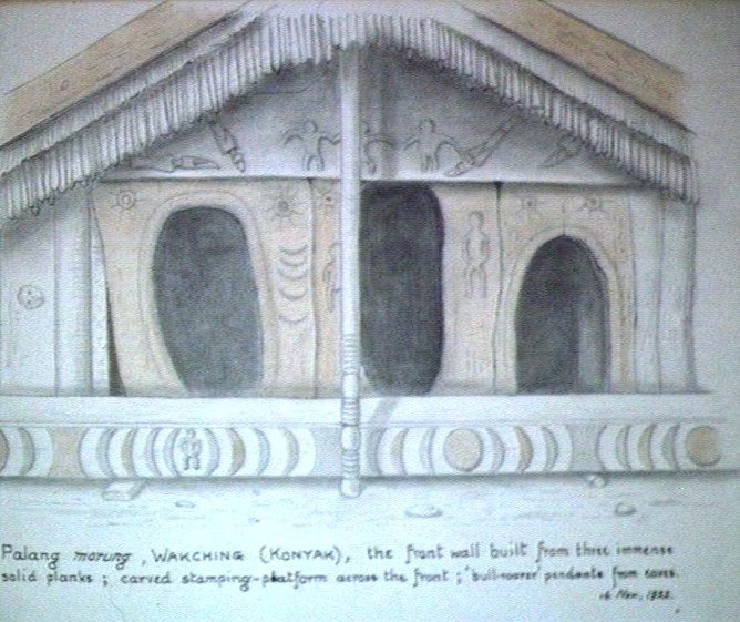 Henry Balfour’s drawing of Wakching’s Palang morung, with three tall doorways, a carved platform and rows of eave pendants.
