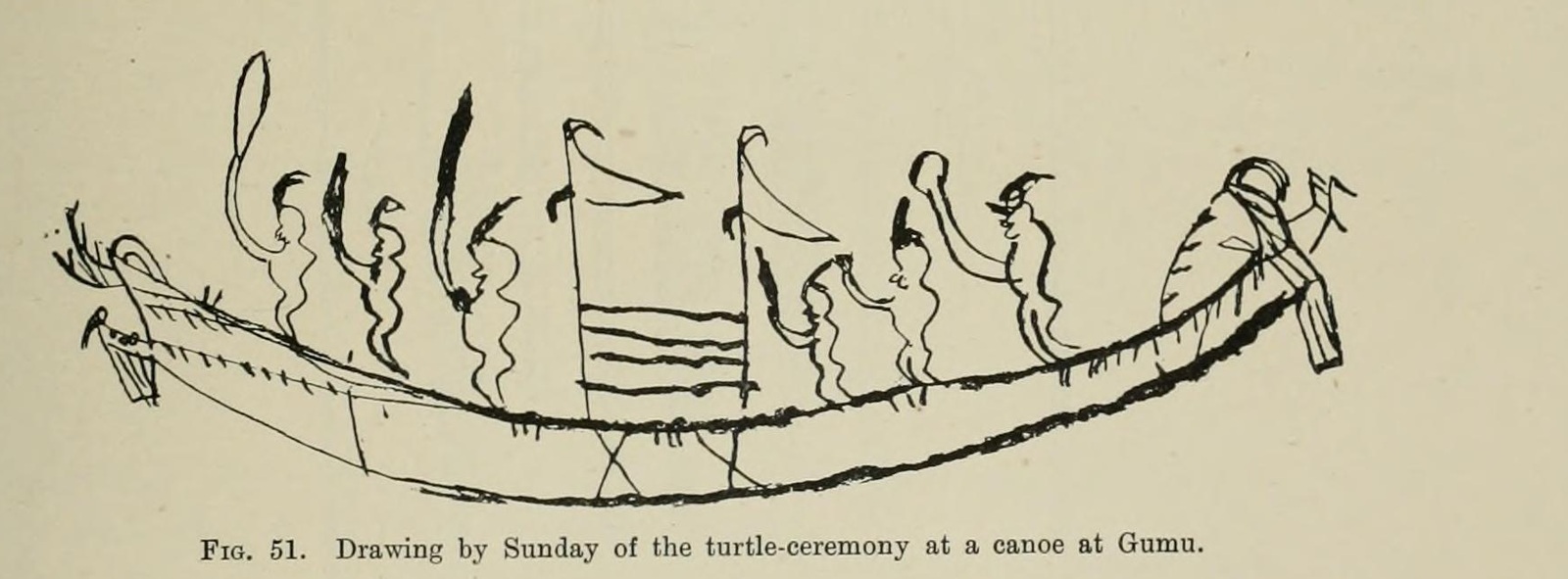Sunday’s drawing of a long canoe carrying men with raised arms and elongated objects above them.